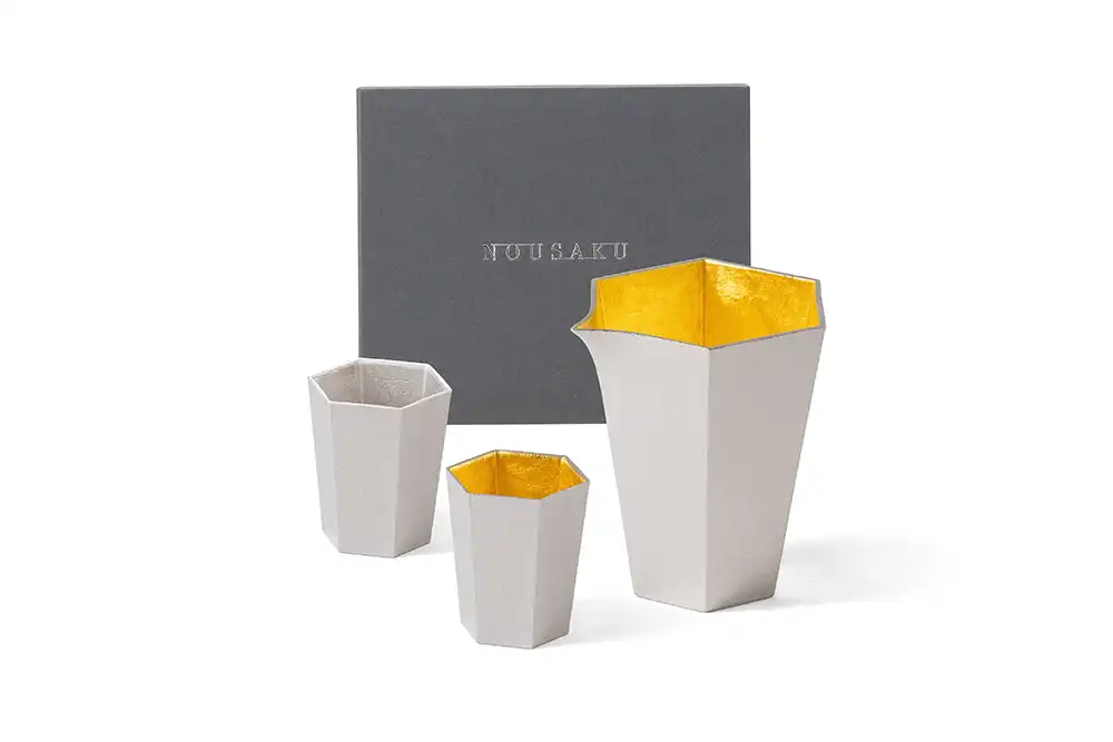 金箔六角酒器組(金箔六角片口盅+純錫・金箔對杯)